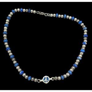 Vintage Hippie Peace Sign Lapis And Silver Tone Beaded Necklace